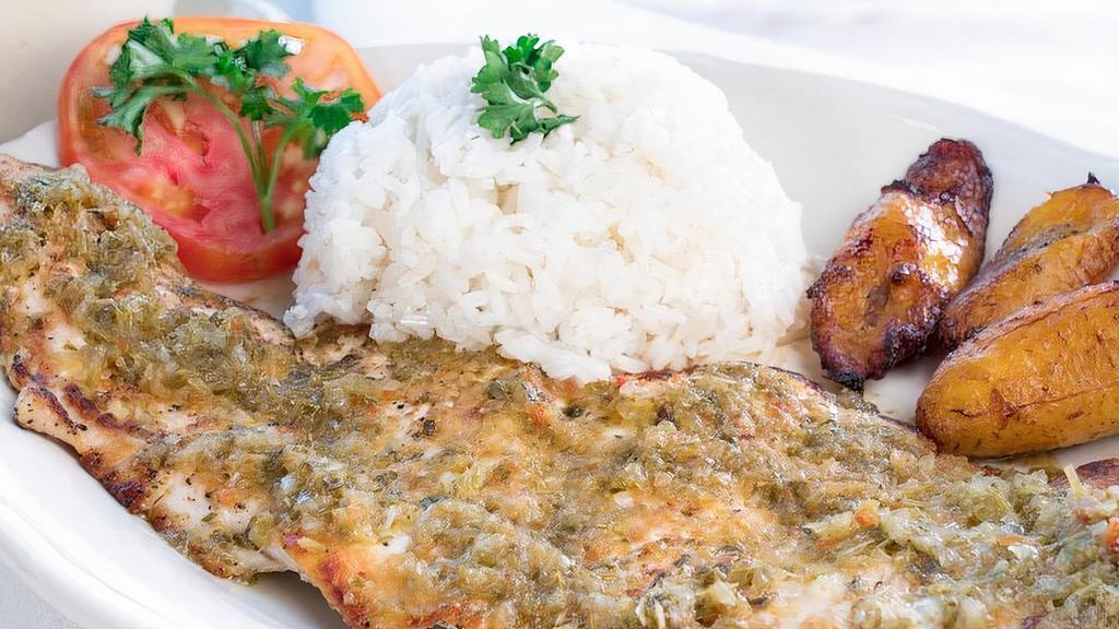 Chicken Chimichurri · Grilled chicken fillet covered with an exquisite chimichurri sauce. Served with white rice, black beans and sweet plantains.