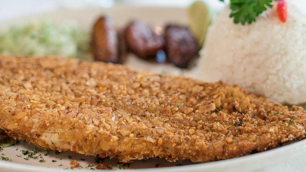 Fish Fillet Crusted · Fish Fillet encrusted with plantain breading. Served with white rice, black beans and sweet plantains.