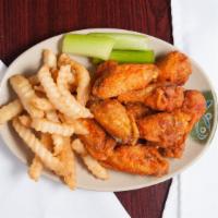 Wings Combo (6 Pcs.) · With celery and bleu cheese or ranch and fries or fried rice.