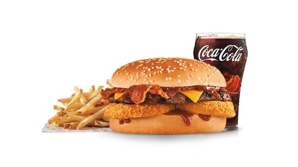 Western Bacon Cheeseburger® Combo · Charbroiled all-beef patty, two strips of bacon,  American cheese, two crispy onion rings and tangy BBQ sauce on a seeded bun. Served with small drink and small fry. Served with Fries and a Beverage.