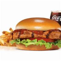 Bbq Grilled Chicken Combo · A charbroiled chicken breast, BBQ Sauce, tomato and lettuce, served on a potato bun. Served ...