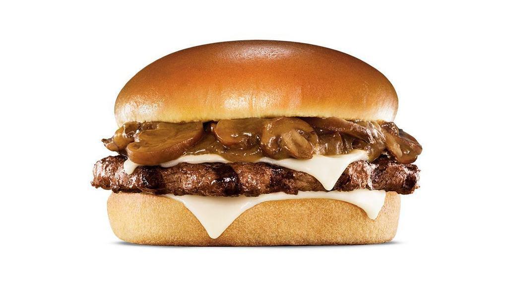 Mushroom & Swiss Angus Burger · Charbroiled Third Pound 100% black angus beef patty, topped with melted Swiss and finished with mushroom sauce, served on a potato bun.