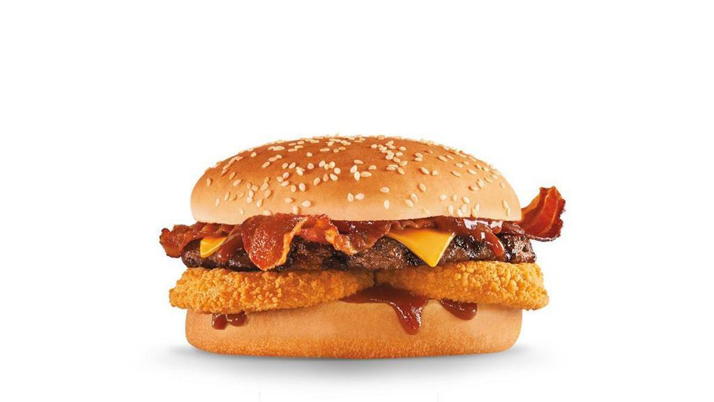 Western Bacon Cheeseburger®  · Charbroiled all-beef patty, two strips of bacon,  American cheese, two crispy onion rings and tangy BBQ sauce on a seeded bun.