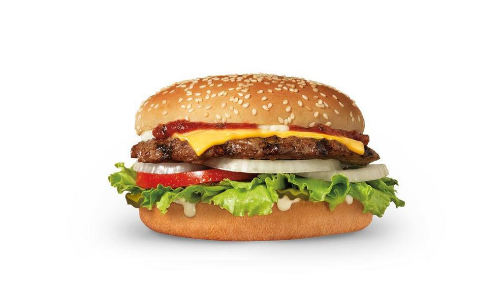 Famous Star® With Cheese  · Charbroiled All-Beef Patty, Melted American cheese, lettuce, tomato, sliced onions, dill pickles, Special Sauce, and mayonnaise on a seeded bun.