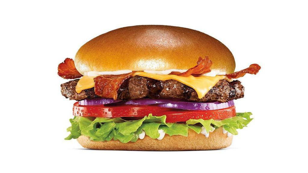 Bacon & Cheese Angus Burger · Charbroiled Third Pound 100% black angus beef patty, crisp bacon, melted American cheese, tomato, lettuce, red onion, and mayonnaise, served on a potato bun.