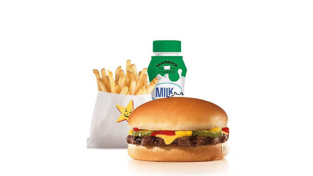 Cheeseburger Kid'S Meal · Charbroiled all-beef patty topped with American cheese, dill pickles, ketchup and mustard on a seeded bun. Served with kid's drink and kid's fry.
