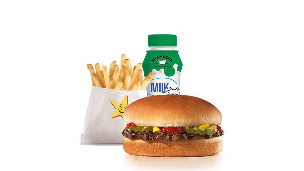 Hamburger Kid'S Meal · Charbroiled all-beef patty topped with dill pickles, ketchup and mustard on a seeded bun. Served with kid's drink and kid's fry.