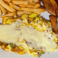 Omelet De 3 Huevos · 3 Egg Omelet With Sausage, Ham, Bacon& Cheese, Served With Plantains And Fries.