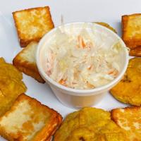 Tostones Con Queso & Repollo · Fried Plantain Medallion With Cheese & Cabbage.