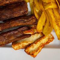 Pork Ribs Served With Fried Cheese & Plantain Chips · 
