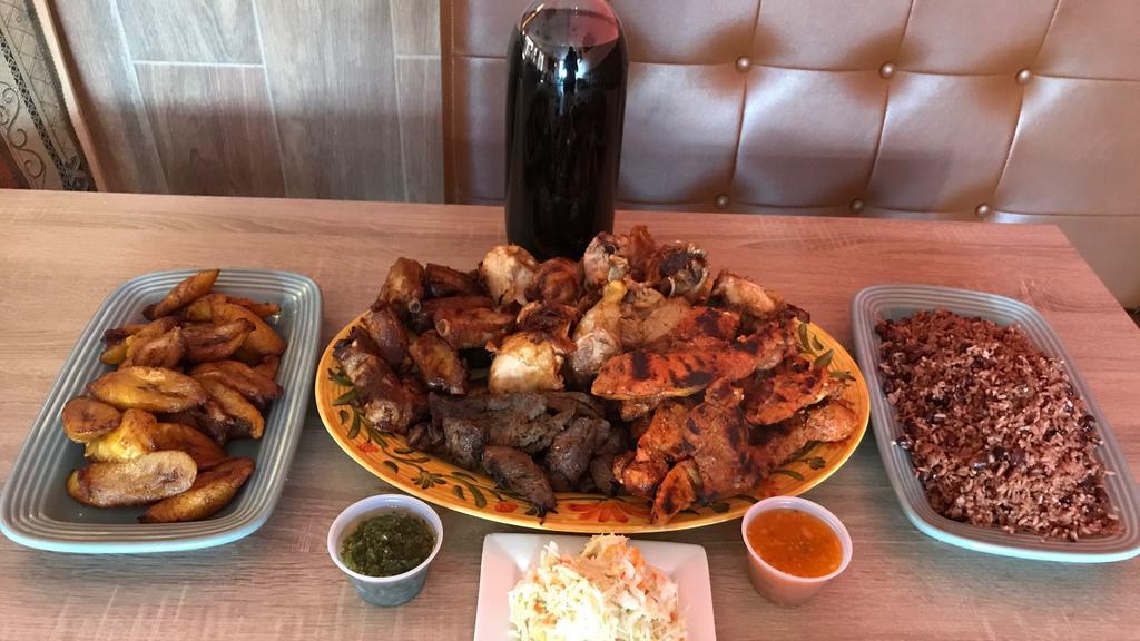 #2 For 8 People - With 2Ltr. Soda · Charbroiled steak, whole chicken, charbroiled pork & pork ribs 2 sides, 1 salad & 2ltr. soda.