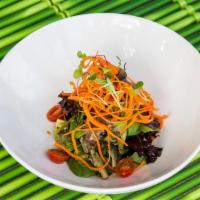 Ginger Salad · SPRING MIX GREENS, SESAME SEEDS, CHERRY TOMATOES, CARROTS AND GINGER DRESSING