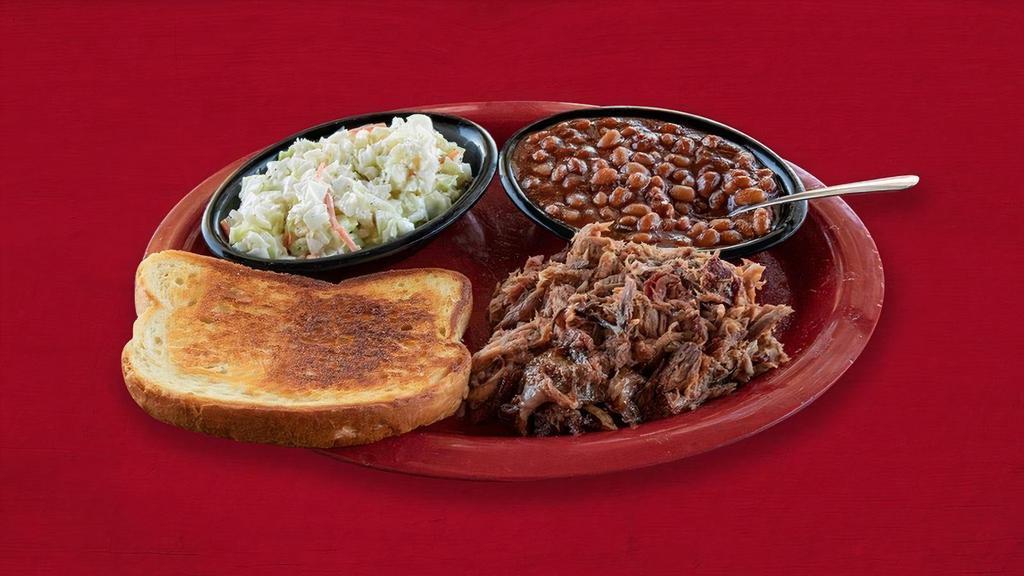 Pulled Or Sliced Pork · Served with BBQ beans, coleslaw and garlic bread.