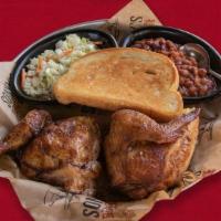 Half Chicken · Served with BBQ beans, coleslaw and garlic bread.