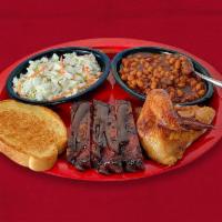 Ribs & Chicken · 1/4 BBQ Chicken and Sweet & Smokey Ribs. Served with BBQ beans, coleslaw and garlic bread.