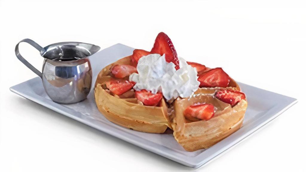 Not-So-Plain Jane · Traditional waffle topped with whipped. cream, your choice of fresh strawberries. or chocolate chips, and dusted with. powdered sugar.