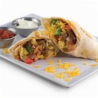 Breakfast Burrito · Eggs, cheddar cheese, sausage,. peppers, onions, tomatoes,. hash browns, sour cream, and. sa...
