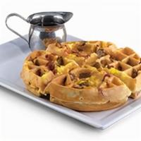 Flying Pig · Bacon, sausage, egg, stuffed in a. traditional waffle and served with choice. of maple syrup...