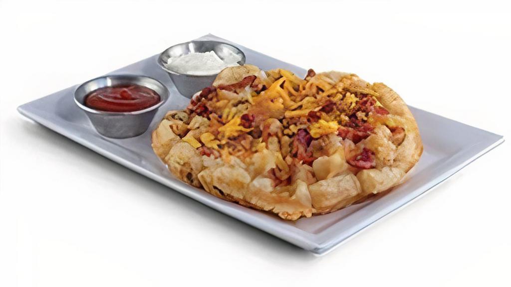 Bacon Tater · Hash brown waffle, cheddar cheese,. and bacon, sprinkled with black pepper. and served with side of sour cream. or ketchup.