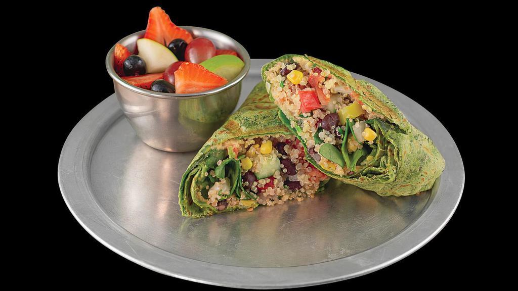 Quinoa Wrap · Spinach tortilla with hummus, cucumber,. banana peppers, green bell peppers,. quinoa black bean salad mix and spinach,. served with a side of fresh-cut fruit.