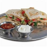 Chicken Quesadilla · Diced chicken breast, pepperjack cheese, peppers, onions, tomatoes and jalapeno waffled in a...