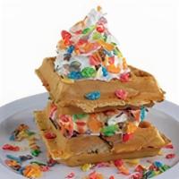 Fruity Pebbles & Cream · Fruity Pebble stuffed waffle and vanilla ice cream topped with whipped cream and Fruity Pebb...