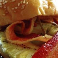 Hawaiian Burger · Buttery toasted brioche bun with 100% all-natural angus meat, sliced grilled pineapple, lett...