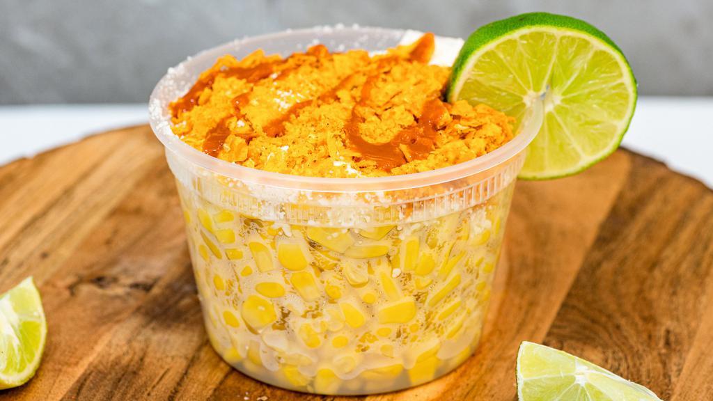 Create Your Own Elote Cup · mayonnaise, cotija cheese, butter, valentina hot sause, hot sauce, Salt, tajin, chili powder, chili flakes, black paper, lime juice, doritos, cheetos, takis.