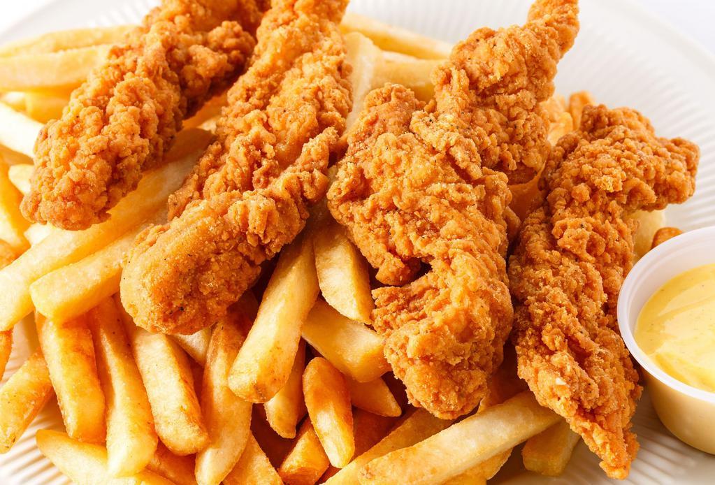 Kid'S Chicken Tenders · Lightly fried chicken tenderloins with gravy. Choice of side fries, broccoli, or mashed.
