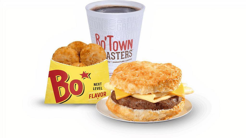Sausage Egg & Cheese Biscuit Combo · Eggs, country style sausage and American cheese on a made-from-scratch buttermilk biscuit, served with Bo-Tato Rounds®, coffee or medium drink..