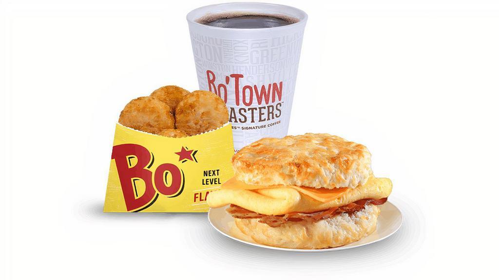 Bacon, Egg & Cheese Biscuit Combo · Eggs, hickory smoked bacon and American cheese on a made-from-scratch buttermilk biscuit, served with an individual Fixin', coffee or medium drink..