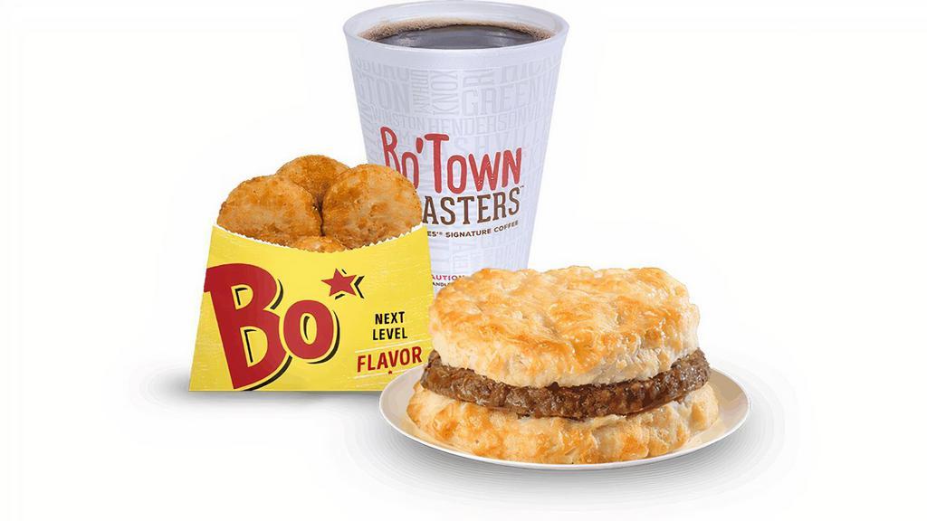 Sausage Biscuit Combo · Country style sausage on a made-from-scratch buttermilk biscuit, served with an individual Fixin', coffee or medium drink..
