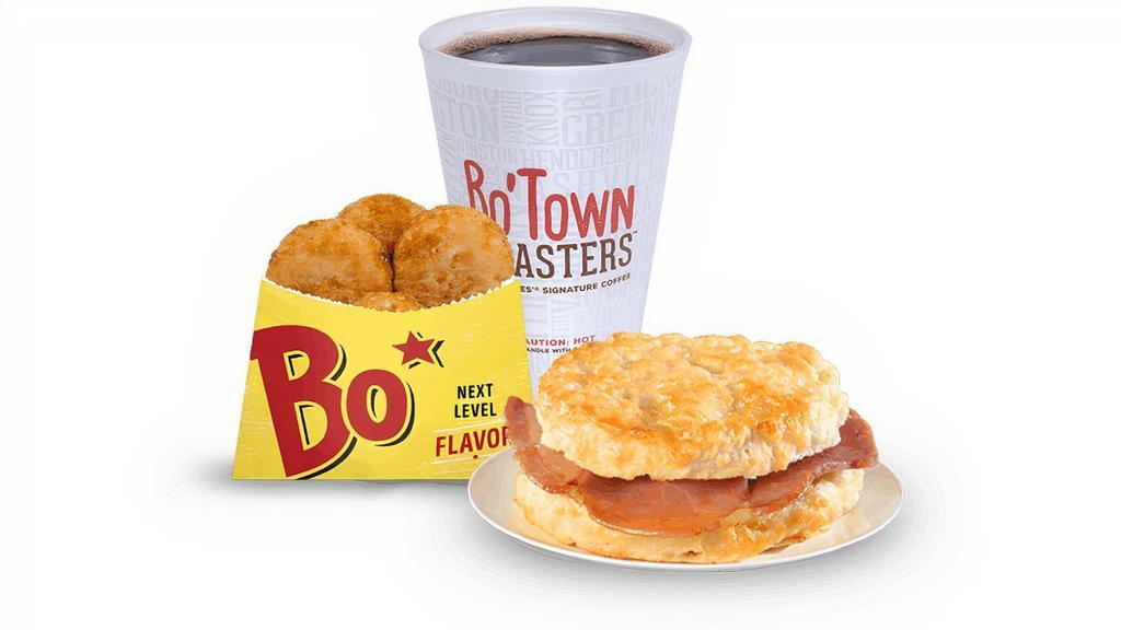 Country Ham Biscuit Combo · Cured country ham on a made-from-scratch buttermilk biscuit, served with Bo-Tato Rounds®, coffee or medium drink..
