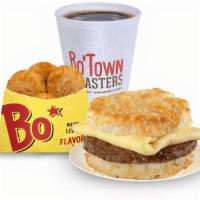 Sausage & Egg Biscuit Combo · Eggs and country style sausage on a made-from-scratch buttermilk biscuit, served with Bo-Tat...