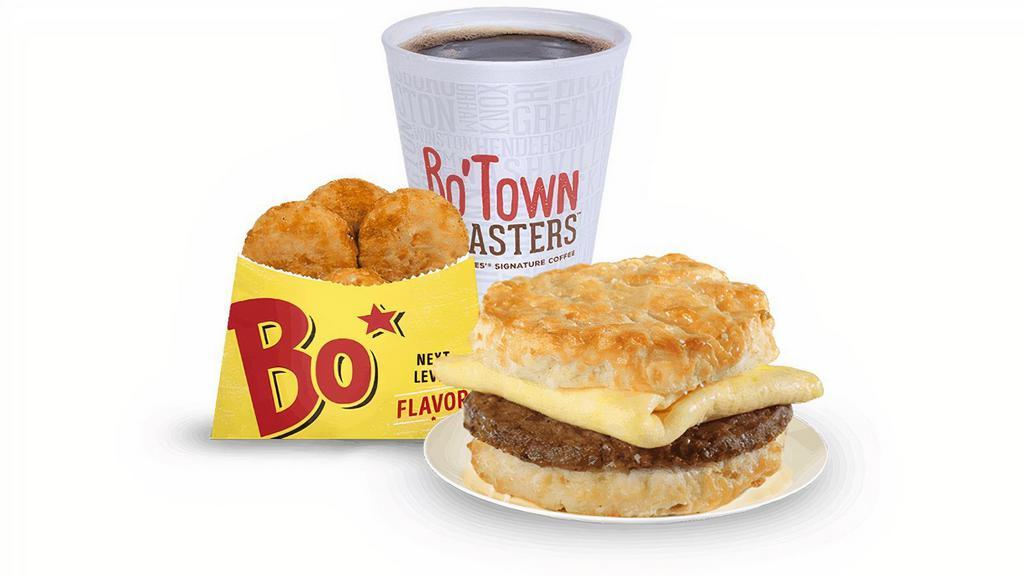 Sausage & Egg Biscuit Combo · Eggs and country style sausage on a made-from-scratch buttermilk biscuit, served with Bo-Tato Rounds®, coffee or medium drink..