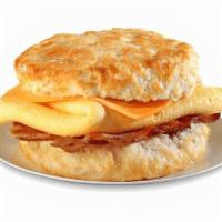Bacon, Egg & Cheese Biscuit · Eggs, hickory smoked bacon and American cheese on a made-from-scratch buttermilk biscuit..