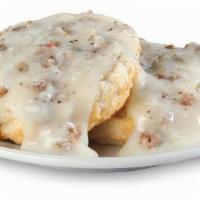 Southern Gravy Biscuit · Hot, open-faced, made-from-scratch buttermilk biscuit topped with delicious, country style s...