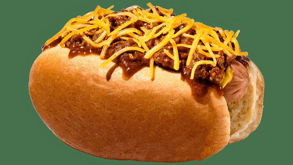 Chili Cheese Pup · This fully loaded Chili Cheese Pup will have you drooling. Submerged beneath our chili, sprinkled with shredded cheddar cheese and topped with classic yellow mustard, this pup is an explosion of flavor that will have you licking your fingers.
