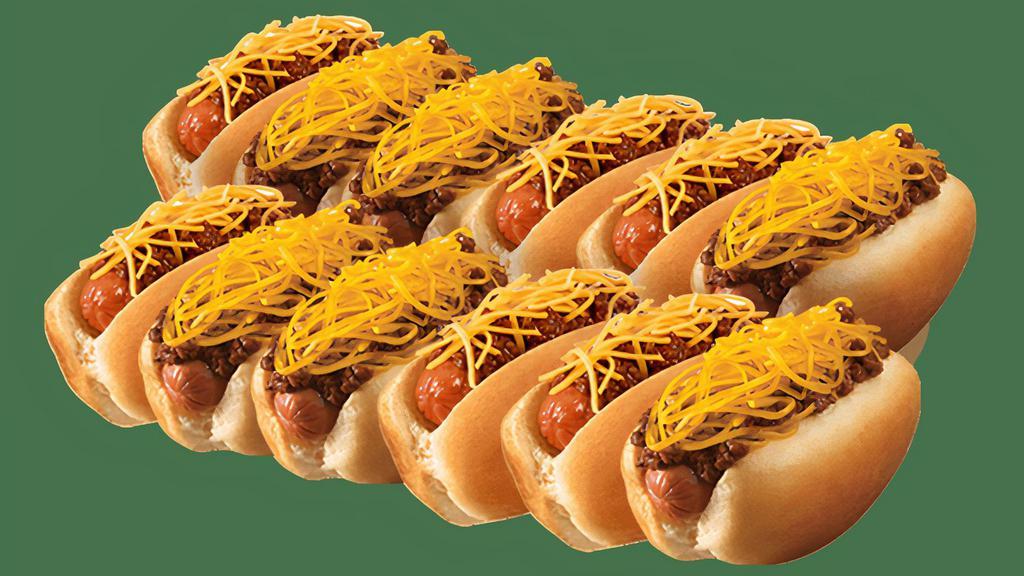 12 Chili Cheese Pups · This fully loaded Chili Cheese Pup will have you drooling. Submerged beneath our chili, sprinkled with shredded cheddar cheese and topped with classic yellow mustard, this pup is an explosion of flavor that will have you licking your chops.