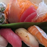 Sushi & Sashimi Combination · 5 piece sushi, 10 piece sashimi, and California roll