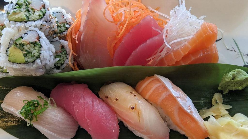 Sushi & Sashimi Combination · 5 piece sushi, 10 piece sashimi, and California roll