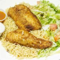 2 Piece Fish Over Rice & Salad Or Fries · 