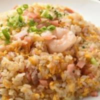 Shrimp Fried Rice · Shrimp, Veggie Mix (green beans, carrots, corn, peas), Onion, Egg