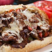 Philly Super Combo · Choice of spicy, western, steak or chicken philly. Topped with green pepper, onion, mushroom...