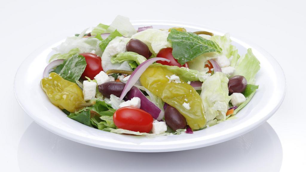 Greek Salad Small · Iceberg & romaine mix with tomatoes, onions, feta cheese, pepperoncini peppers & Greek olives.