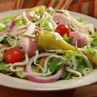 Chef Salad Small · Iceberg & romaine mix with tomatoes, red onions, cucumber, pepperoncini peppers, ham, turkey...
