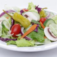 Garden Salad Large · Iceberg & romaine mix with tomatoes, red onions, cucumber slice, mushrooms & pepperoncini pe...