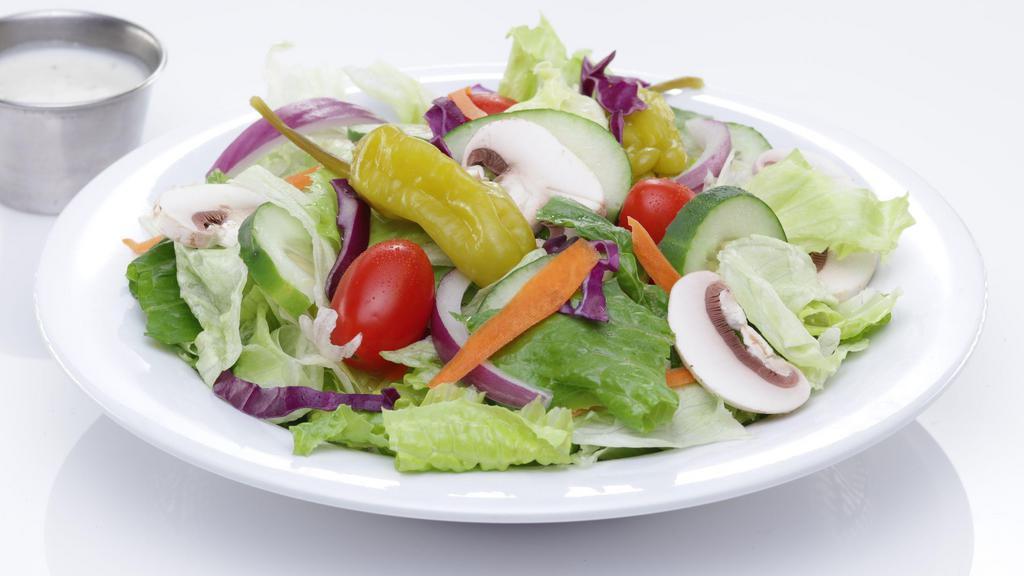 Garden Salad Small · Iceberg & romaine lettuce mix with tomatoes, mushrooms, red onions, cucumber slices & pepperoncini peppers.