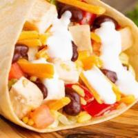 Cuban Wrapito® · Freshly grilled chopped chicken breast, lettuce, tomatoes, black beans and yellow rice in a ...