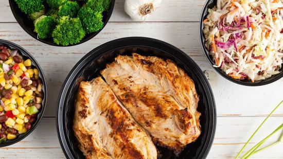 Double Chicken Breast Family Meal (Serves 2-3) · Serves 2-3. Our marinated and freshly grilled whole chicken breast is served with your choice of 2 large (16 oz.) side orders, 3 pita breads, and 3 signature sauces. You couldn’t serve a healthier meal to your family!
